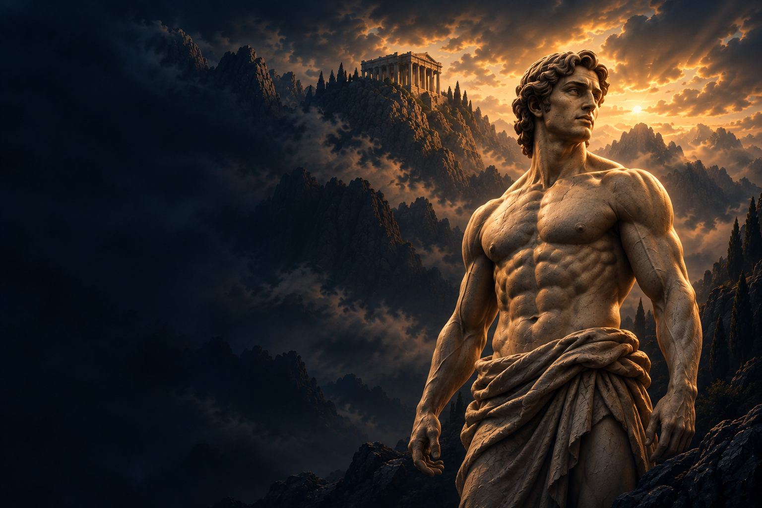 A classical statue of Adonis beneath the Olympus mountain temple.