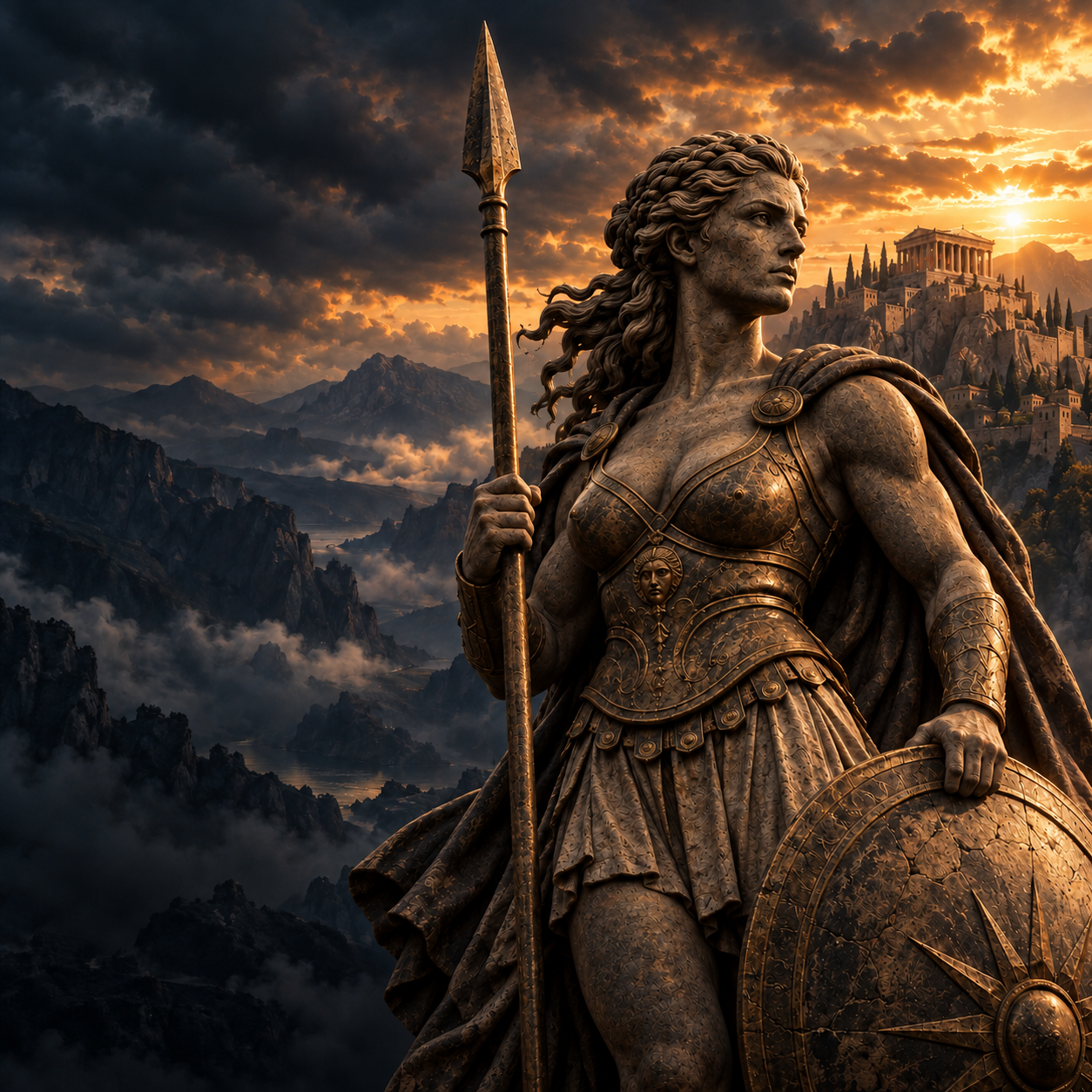 The app’s Amazons cover: a stone warrior with a spear and shield above an ancient mountain city.