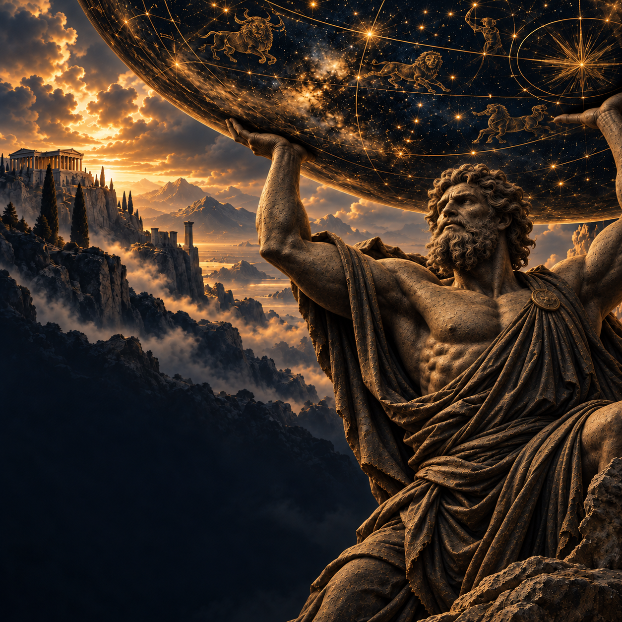 The app’s Atlas cover: a weathered stone Titan supports a celestial sphere above a mountain temple.