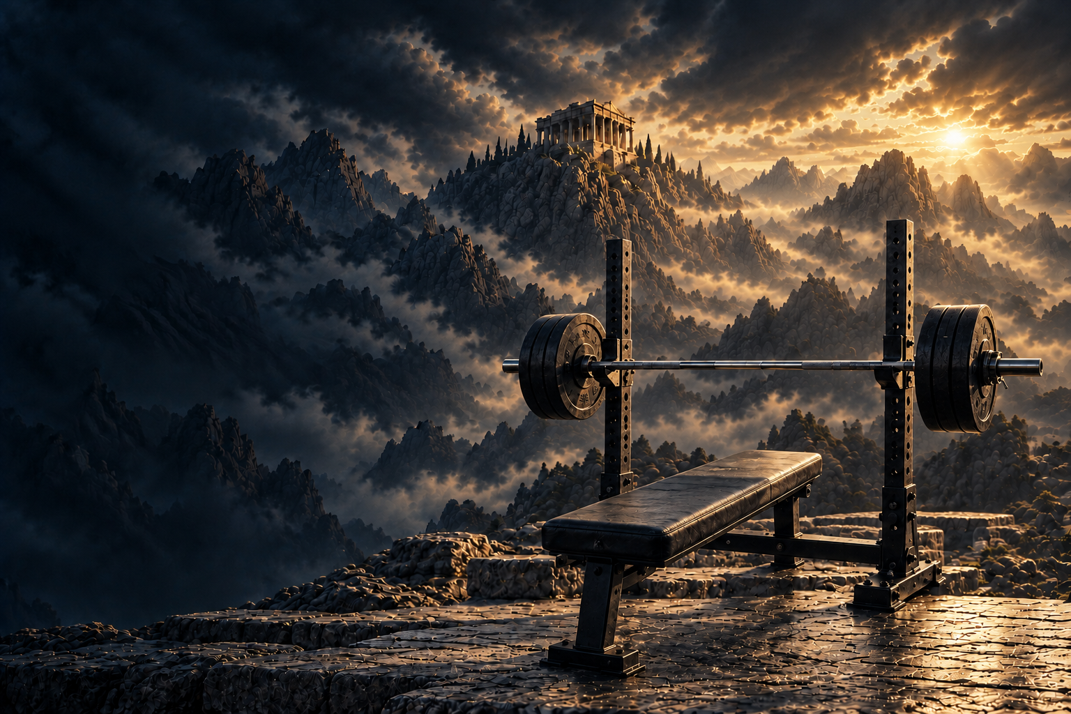 A bench and loaded barbell on a stone terrace beneath Olympus.
