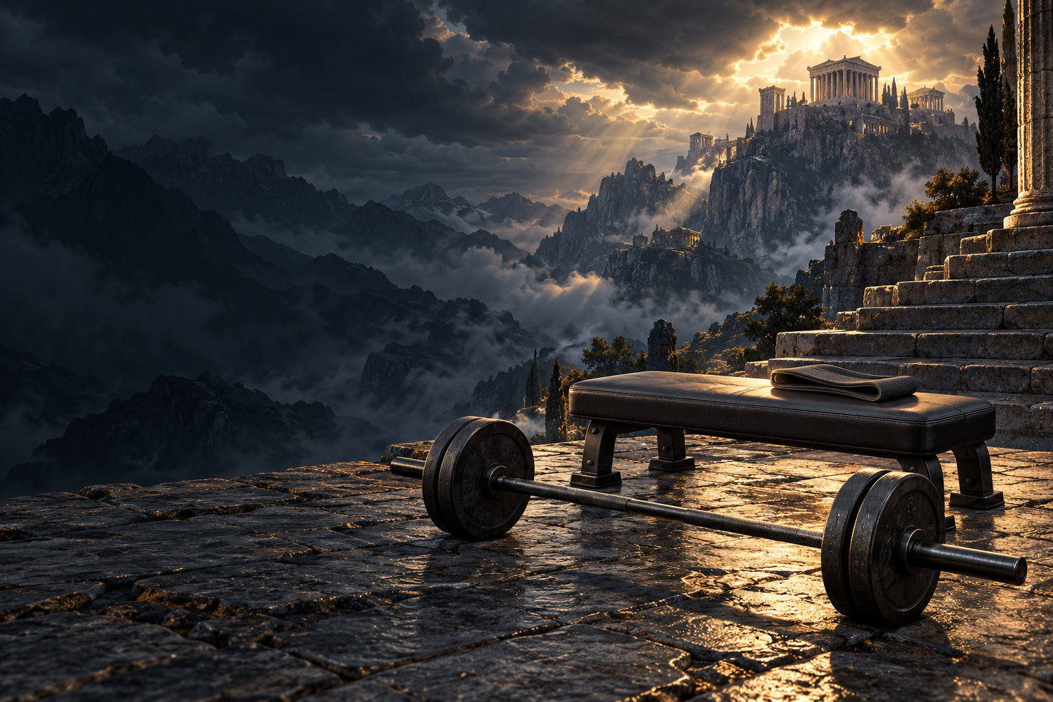 A bench, band and barbell overlooking the Olympus mountains.