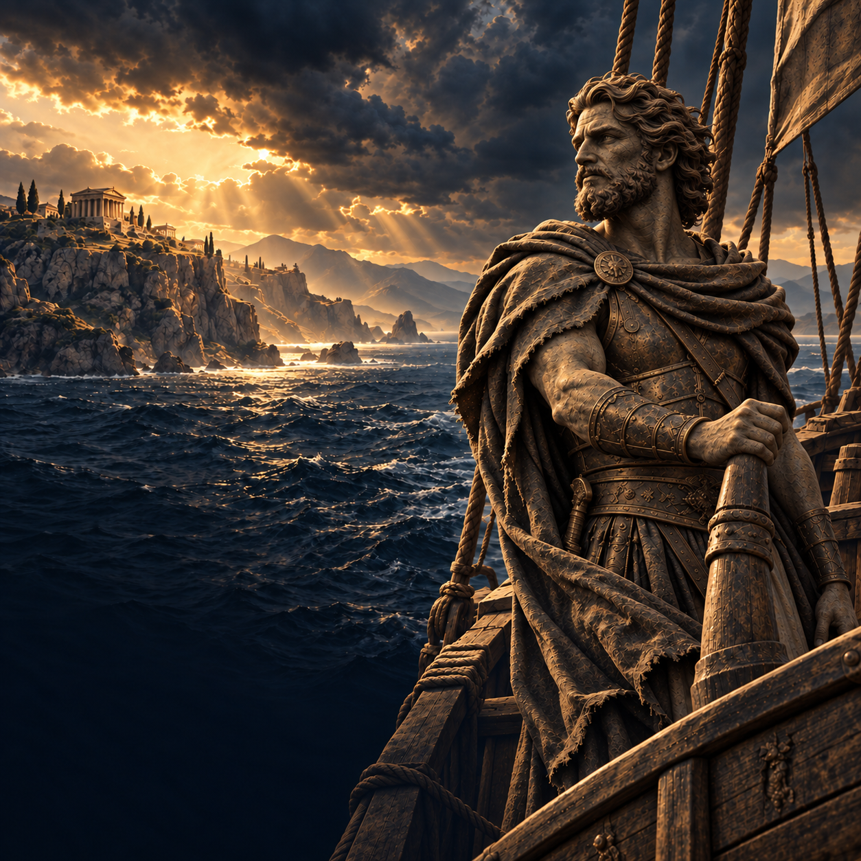 The app’s Odysseus cover: a carved hero at the helm of his ship looks towards Ithaca.