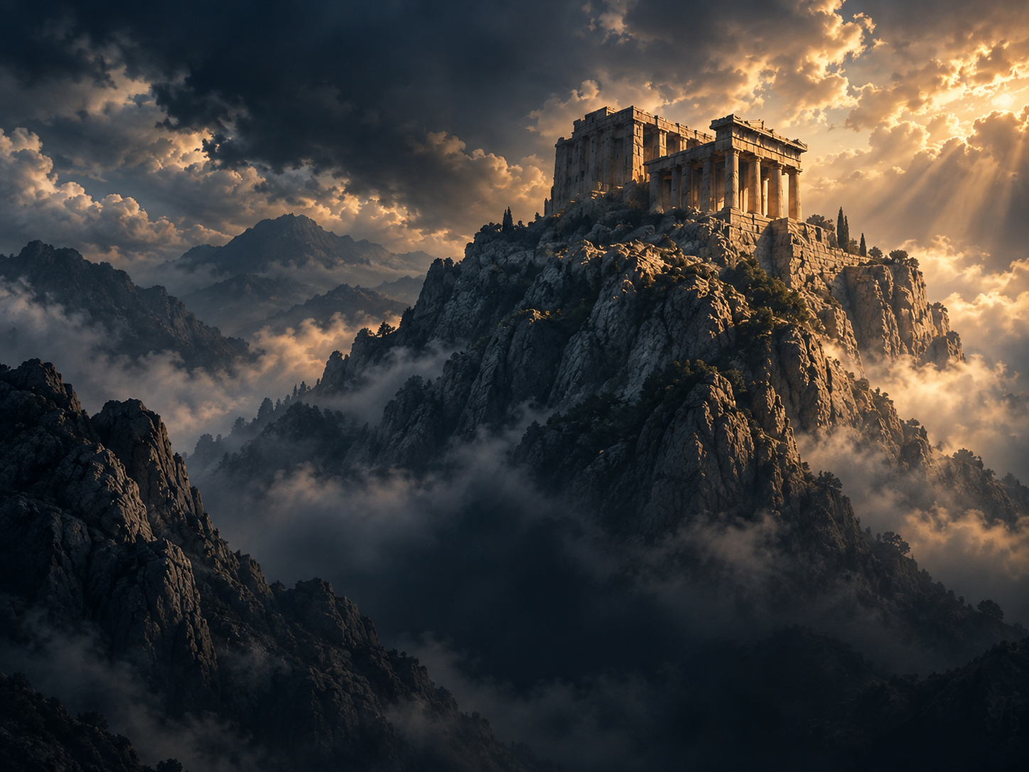 The app’s Olympus scenery: a temple high above the clouds, lit by the setting sun.