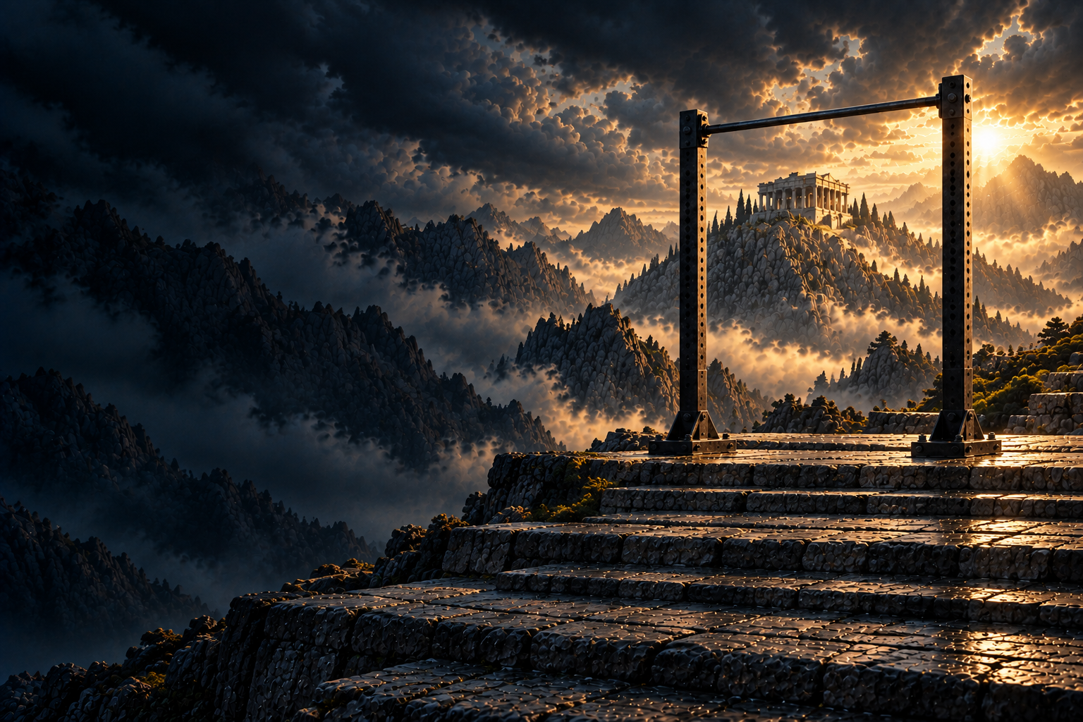 A freestanding pull-up station above the steps to Olympus.